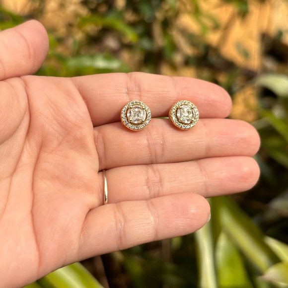 18K Gold Plated Diamond Circle Stud Earrings - Picture 8 of 10